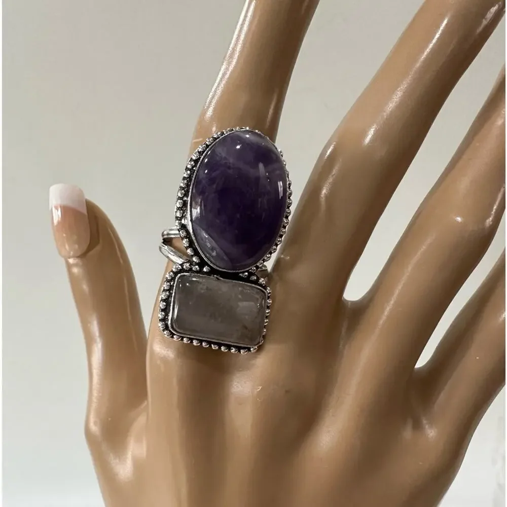 💕 Double amethyst‎ 2 gemstone ring size 10, silver plated stamped 925 Long ring